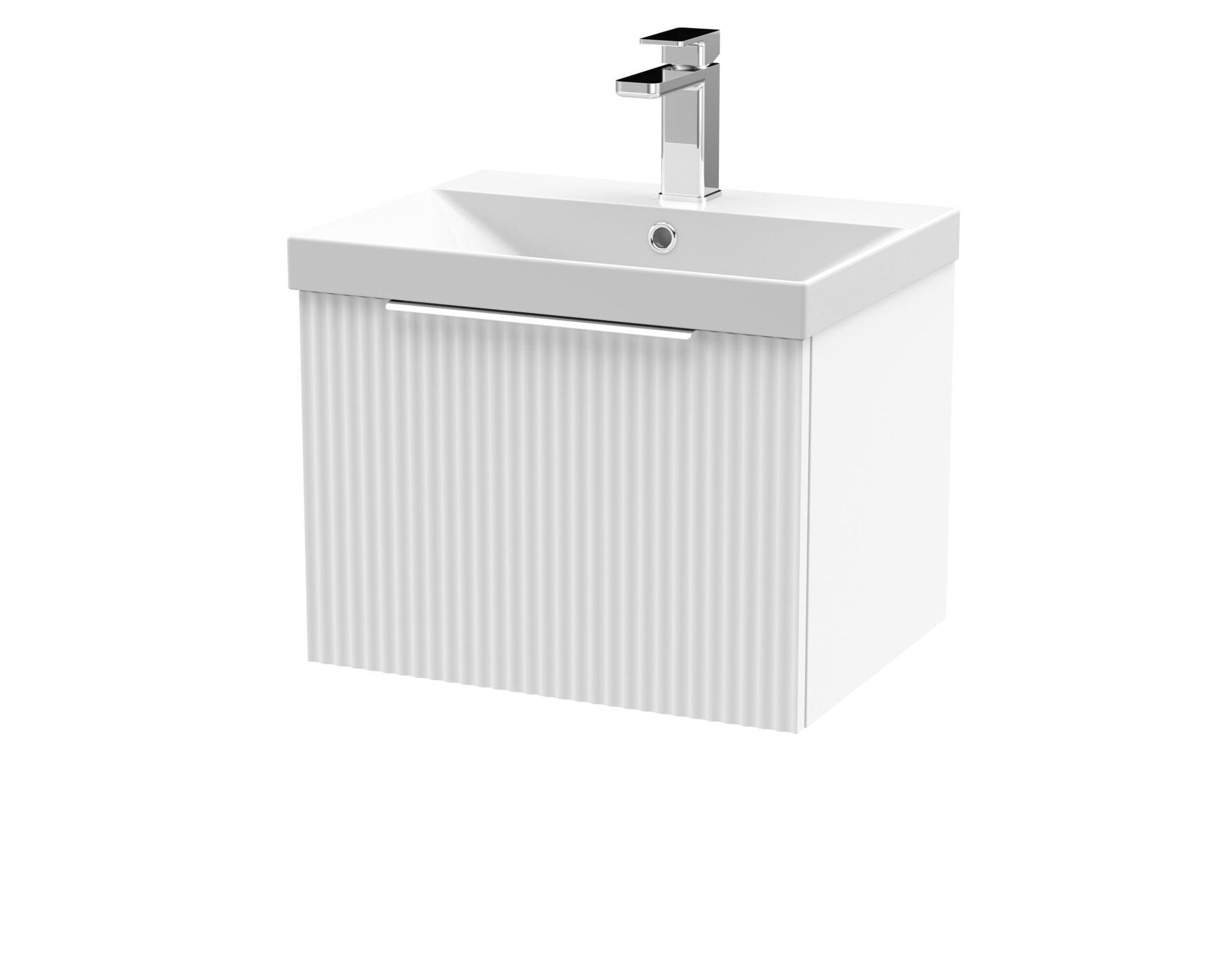 Hudson Reed Fluted 500mm Wall Hung Single Drawer Vanity & Basin 3 Contemp Satin White MFC Painted Gloss 409x510x395mm - JJ Building Materials