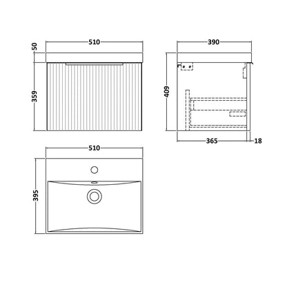 Hudson Reed Fluted 500mm Wall Hung Single Drawer Vanity & Basin 3 Contemp Satin White MFC Painted Gloss 409x510x395mm - JJ Building Materials