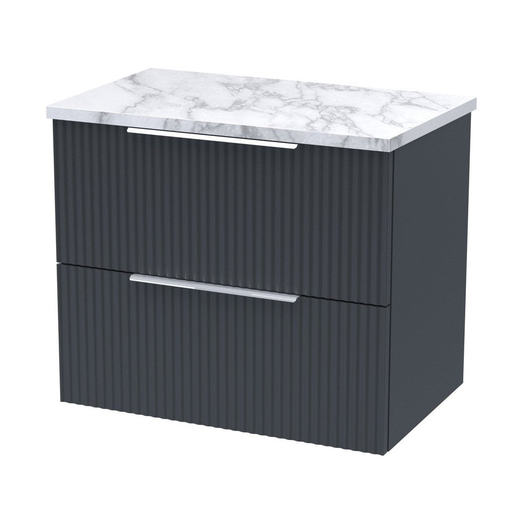 Hudson Reed Fluted 600 Wall Hung 2-drawer Vanity & Laminate Worktop Contemp Soft Black MFC Painted Gloss 522x605x390mm - JJ Building Materials