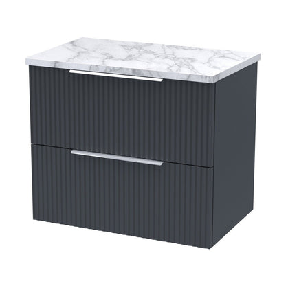 Hudson Reed Fluted 600 Wall Hung 2-drawer Vanity & Laminate Worktop Contemp Soft Black MFC Painted Gloss 522x605x390mm - JJ Building Materials