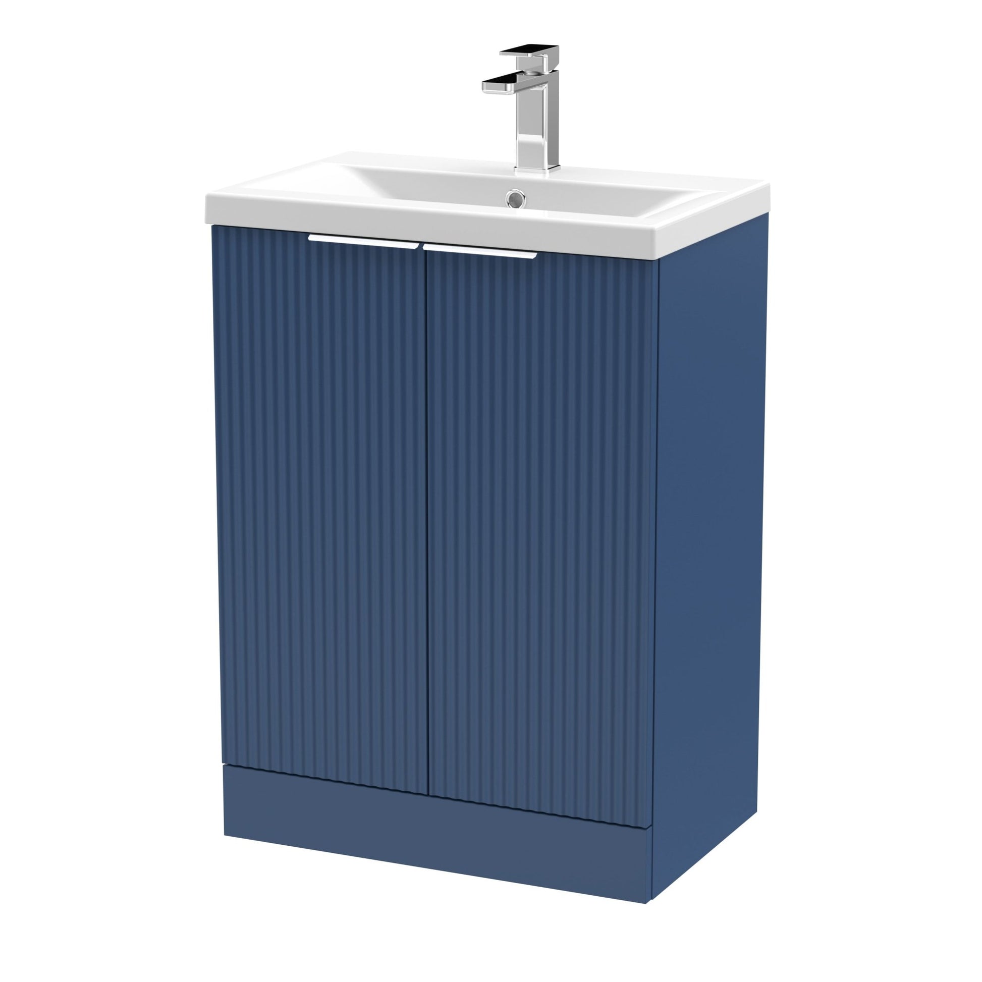 Hudson Reed Fluted 600mm Floor Standing 2 Door Vanity & Basin 1 Contemp Satin Blue MFC Painted Gloss 850x610x390mm - JJ Building Materials