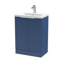 Hudson Reed Fluted 600mm Floor Standing 2 Door Vanity & Basin 1 Contemp Satin Blue MFC Painted Gloss 850x610x390mm - JJ Building Materials