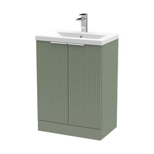 Hudson Reed Fluted 600mm Floor Standing 2 Door Vanity & Basin 1 Contemp Satin Green MFC Painted Gloss 850x610x390mm - JJ Building Materials
