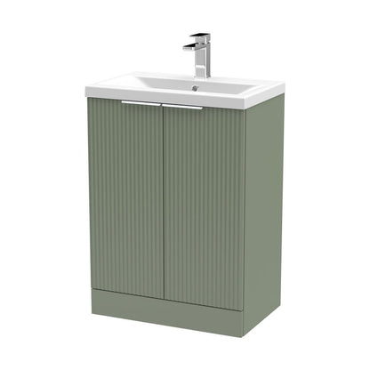Hudson Reed Fluted 600mm Floor Standing 2 Door Vanity & Basin 1 Contemp Satin Green MFC Painted Gloss 850x610x390mm - JJ Building Materials