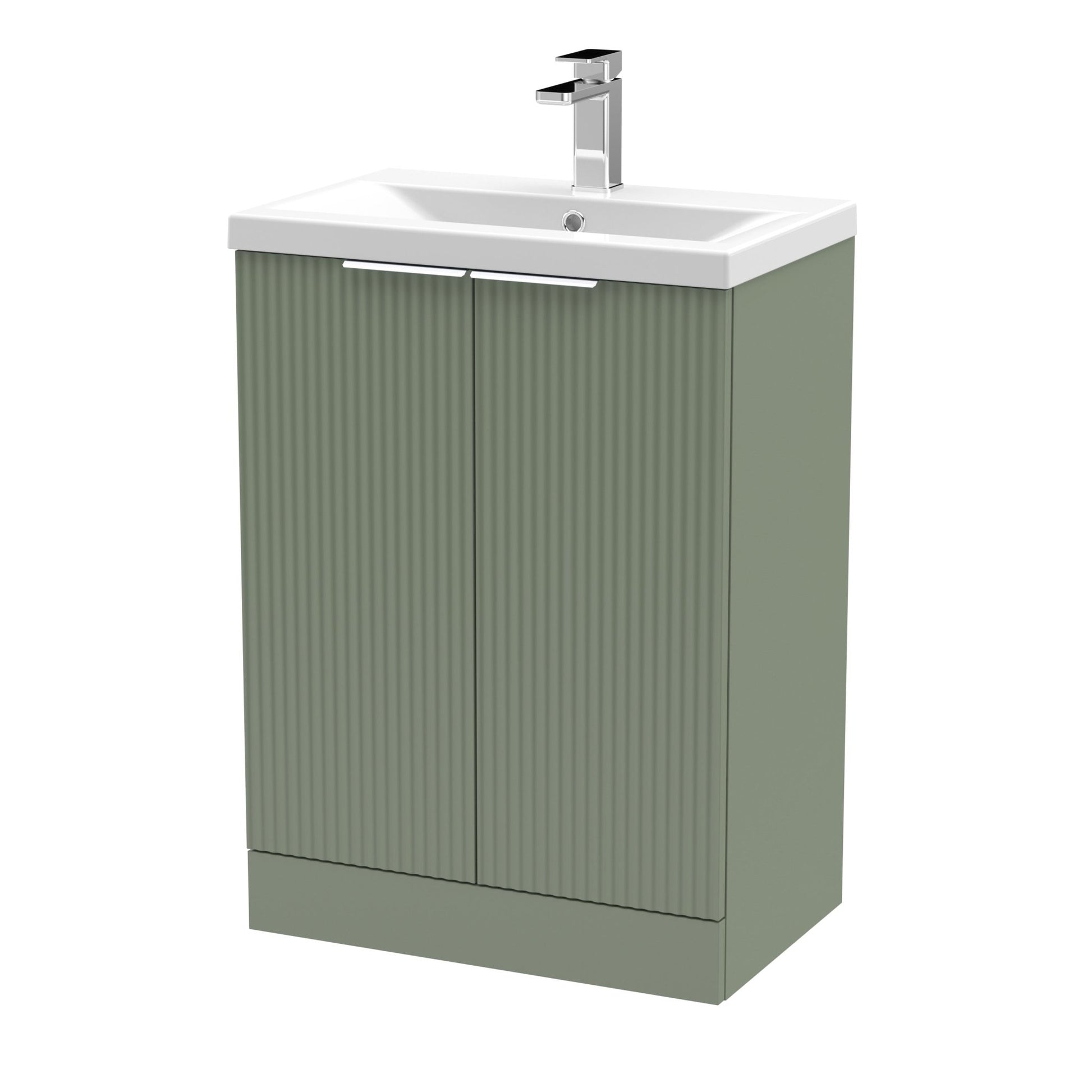 Hudson Reed Fluted 600mm Floor Standing 2 Door Vanity & Basin 1 Contemp Satin Green MFC Painted Gloss 850x610x390mm - JJ Building Materials