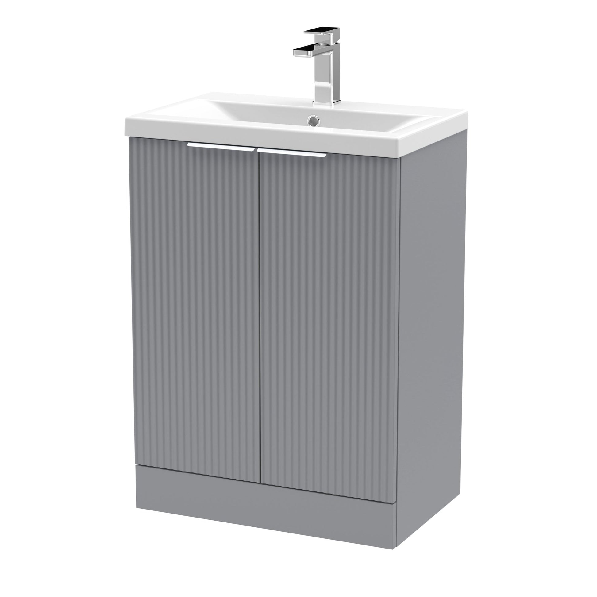 Hudson Reed Fluted 600mm Floor Standing 2 Door Vanity & Basin 1 Contemp Satin Grey MFC Painted Gloss 850x610x390mm - JJ Building Materials