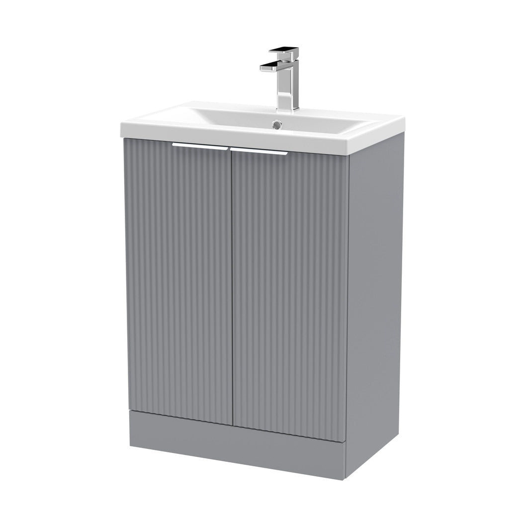 Hudson Reed Fluted 600mm Floor Standing 2 Door Vanity & Basin 1 Contemp Satin Grey MFC Painted Gloss 850x610x390mm - JJ Building Materials