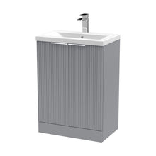 Hudson Reed Fluted 600mm Floor Standing 2 Door Vanity & Basin 1 Contemp Satin Grey MFC Painted Gloss 850x610x390mm - JJ Building Materials