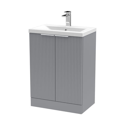 Hudson Reed Fluted 600mm Floor Standing 2 Door Vanity & Basin 1 Contemp Satin Grey MFC Painted Gloss 850x610x390mm - JJ Building Materials