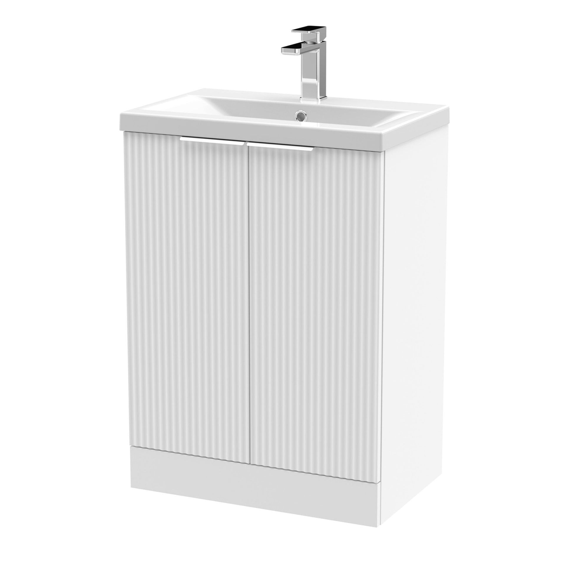 Hudson Reed Fluted 600mm Floor Standing 2 Door Vanity & Basin 1 Contemp Satin White MFC Painted Gloss 850x610x390mm - JJ Building Materials