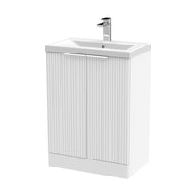 Hudson Reed Fluted 600mm Floor Standing 2 Door Vanity & Basin 1 Contemp Satin White MFC Painted Gloss 850x610x390mm - JJ Building Materials