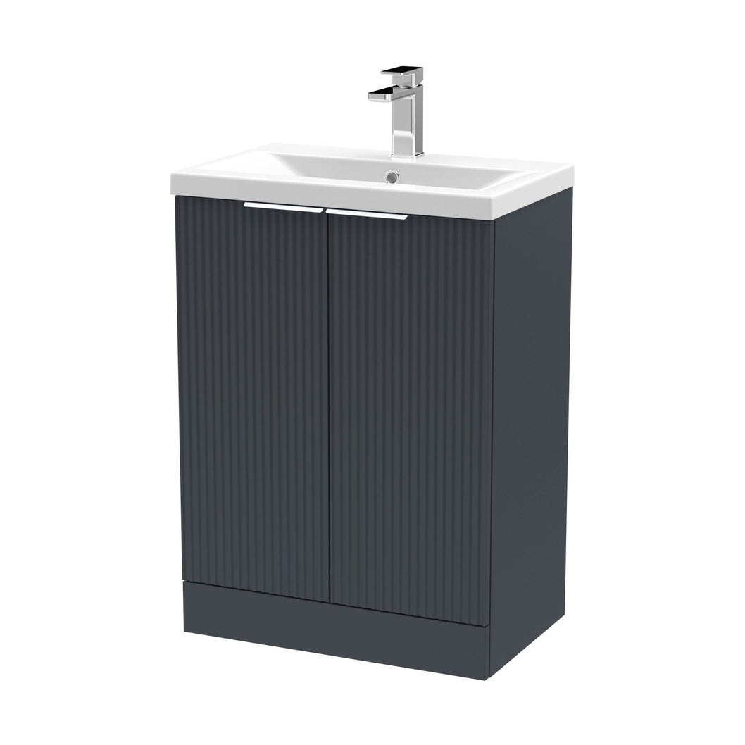 Hudson Reed Fluted 600mm Floor Standing 2 Door Vanity & Basin 1 Contemp Soft Black MFC Painted Gloss 850x610x390mm - JJ Building Materials