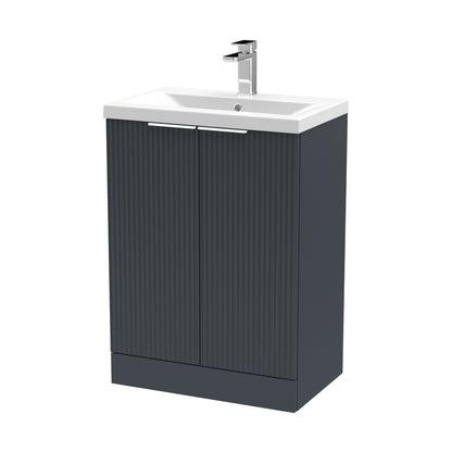 Hudson Reed Fluted 600mm Floor Standing 2 Door Vanity & Basin 1 Contemp Soft Black MFC Painted Gloss 850x610x390mm - JJ Building Materials