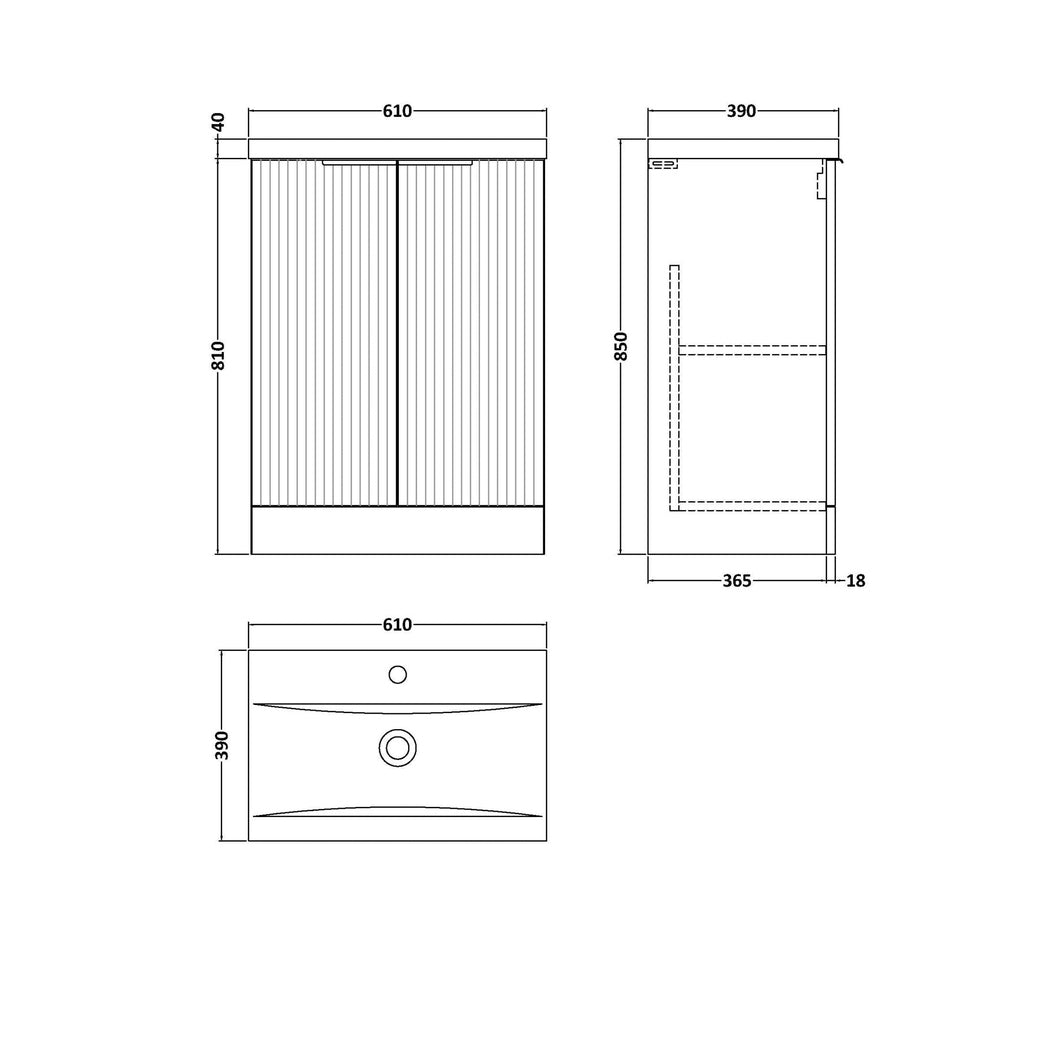 Hudson Reed Fluted 600mm Floor Standing 2 Door Vanity & Basin 1 Contemp Soft Black MFC Painted Gloss 850x610x390mm - JJ Building Materials
