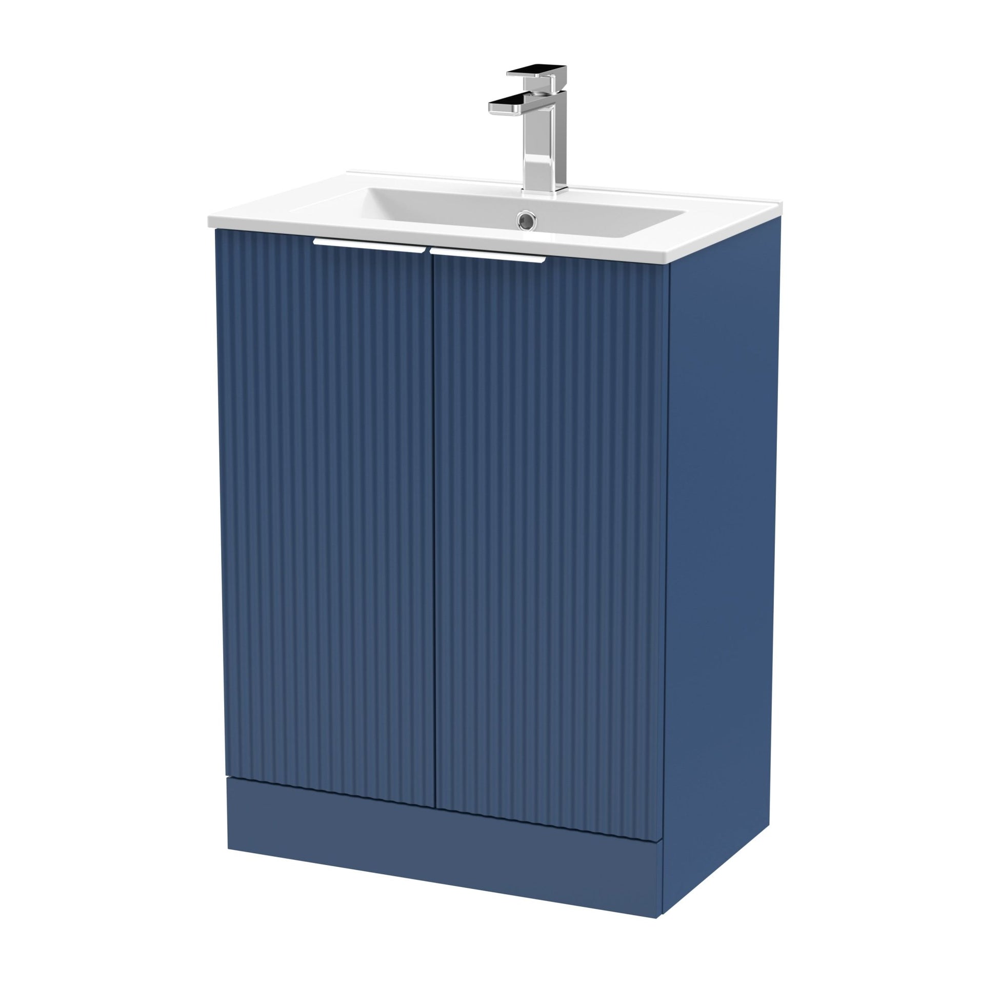Hudson Reed Fluted 600mm Floor Standing 2 Door Vanity & Basin 2 Contemp Satin Blue MFC Painted Gloss 828x600x390mm - JJ Building Materials