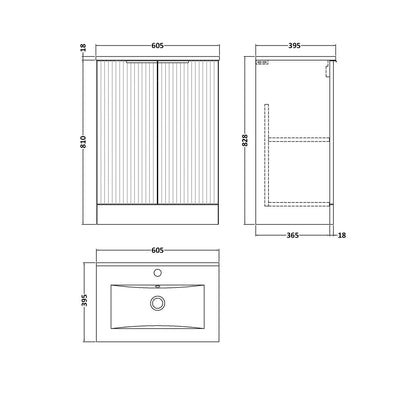 Hudson Reed Fluted 600mm Floor Standing 2 Door Vanity & Basin 2 Contemp Satin Blue MFC Painted Gloss 828x600x390mm - JJ Building Materials