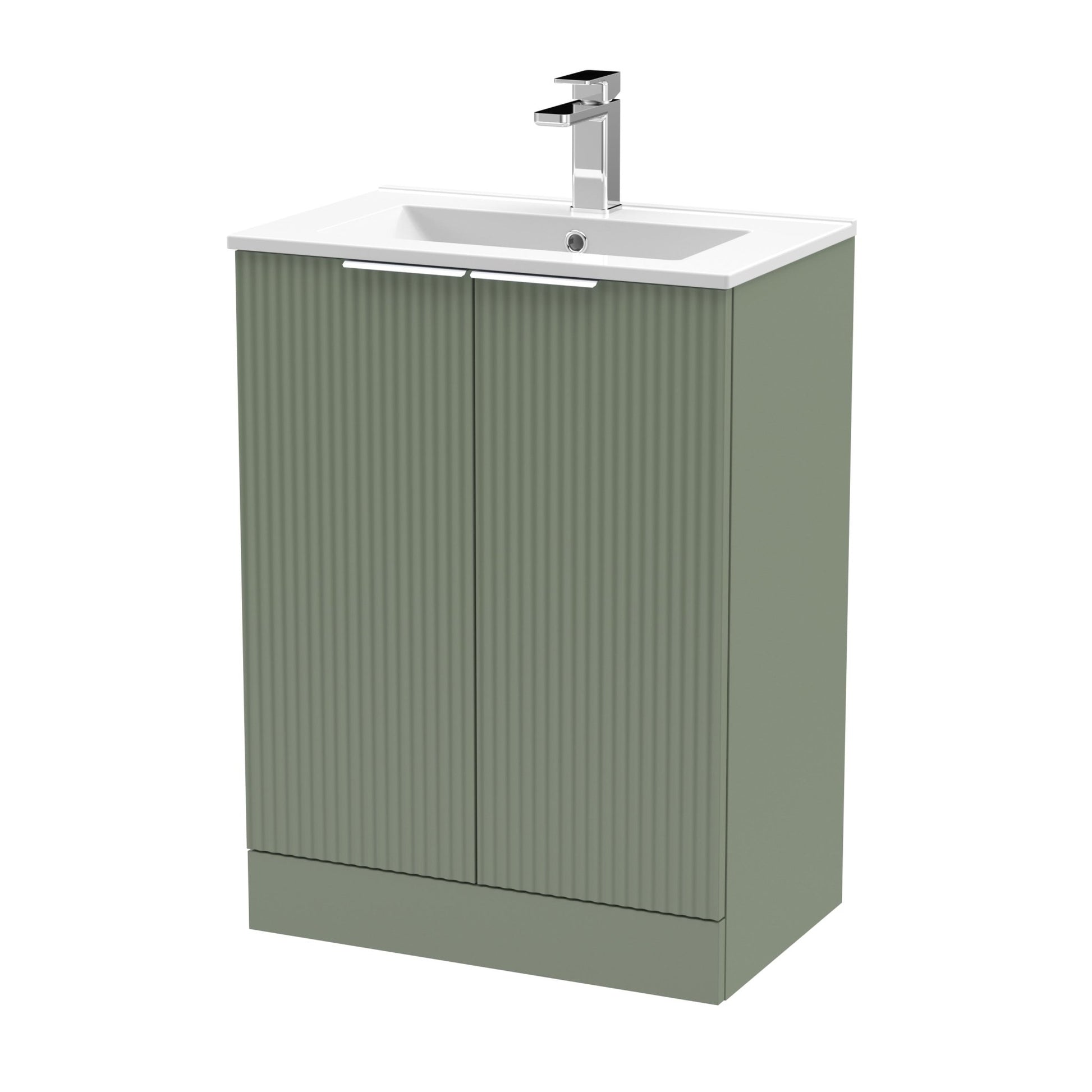 Hudson Reed Fluted 600mm Floor Standing 2 Door Vanity & Basin 2 Contemp Satin Green MFC Painted Gloss 828x600x390mm - JJ Building Materials