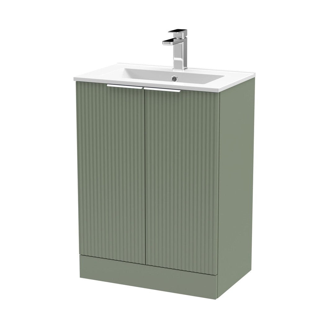 Hudson Reed Fluted 600mm Floor Standing 2 Door Vanity & Basin 2 Contemp Satin Green MFC Painted Gloss 828x600x390mm - JJ Building Materials