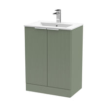 Hudson Reed Fluted 600mm Floor Standing 2 Door Vanity & Basin 2 Contemp Satin Green MFC Painted Gloss 828x600x390mm - JJ Building Materials