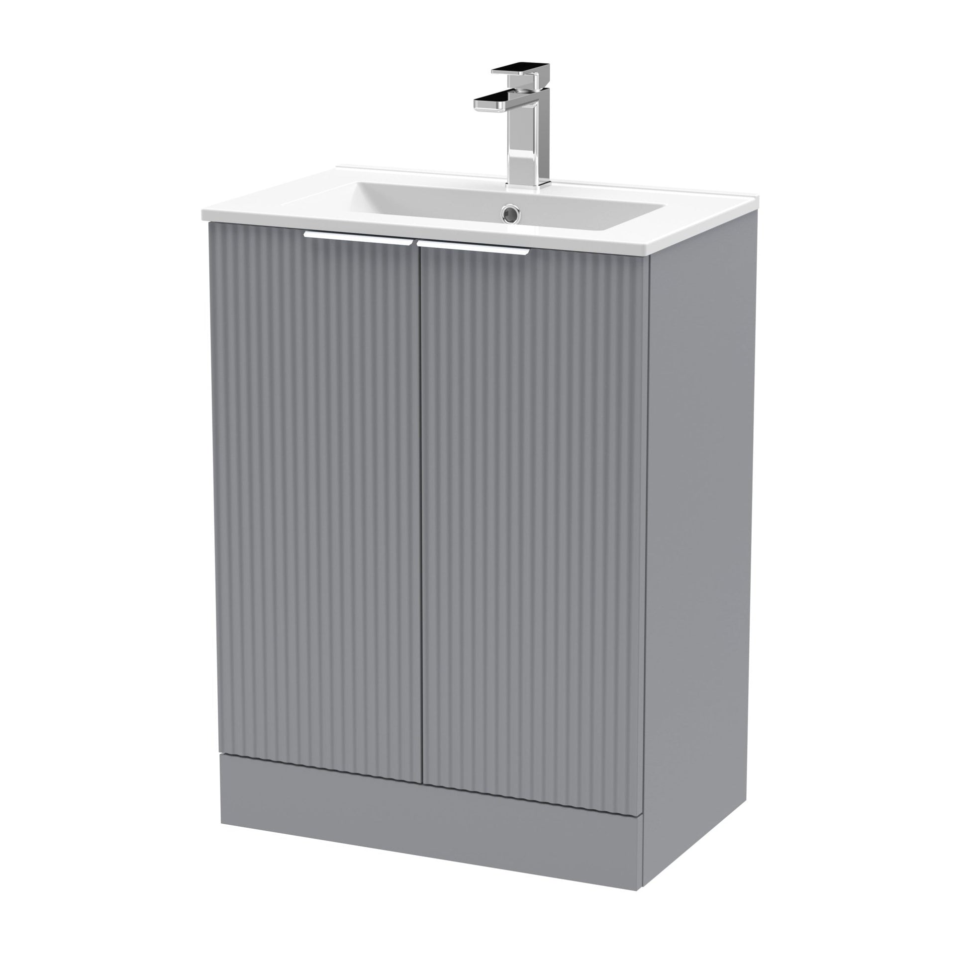 Hudson Reed Fluted 600mm Floor Standing 2 Door Vanity & Basin 2 Contemp Satin Grey MFC Painted Gloss 828x600x390mm - JJ Building Materials