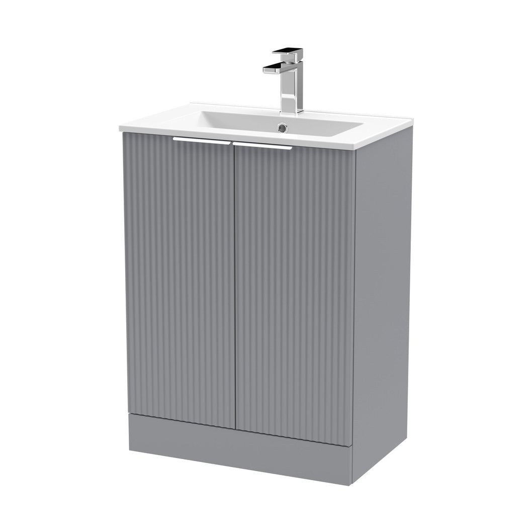 Hudson Reed Fluted 600mm Floor Standing 2 Door Vanity & Basin 2 Contemp Satin Grey MFC Painted Gloss 828x600x390mm - JJ Building Materials
