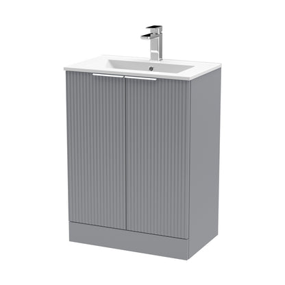 Hudson Reed Fluted 600mm Floor Standing 2 Door Vanity & Basin 2 Contemp Satin Grey MFC Painted Gloss 828x600x390mm - JJ Building Materials
