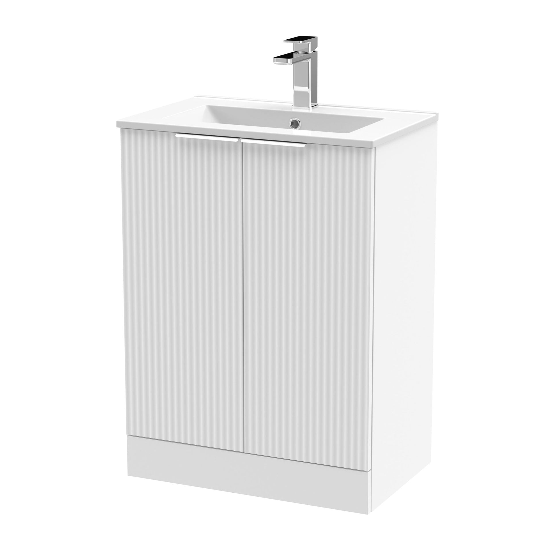 Hudson Reed Fluted 600mm Floor Standing 2 Door Vanity & Basin 2 Contemp Satin White MFC Painted Gloss 828x600x390mm - JJ Building Materials