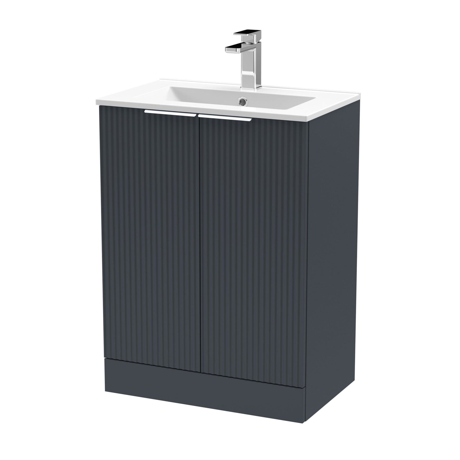 Hudson Reed Fluted 600mm Floor Standing 2 Door Vanity & Basin 2 Contemp Soft Black MFC Painted Gloss 828x600x390mm - JJ Building Materials