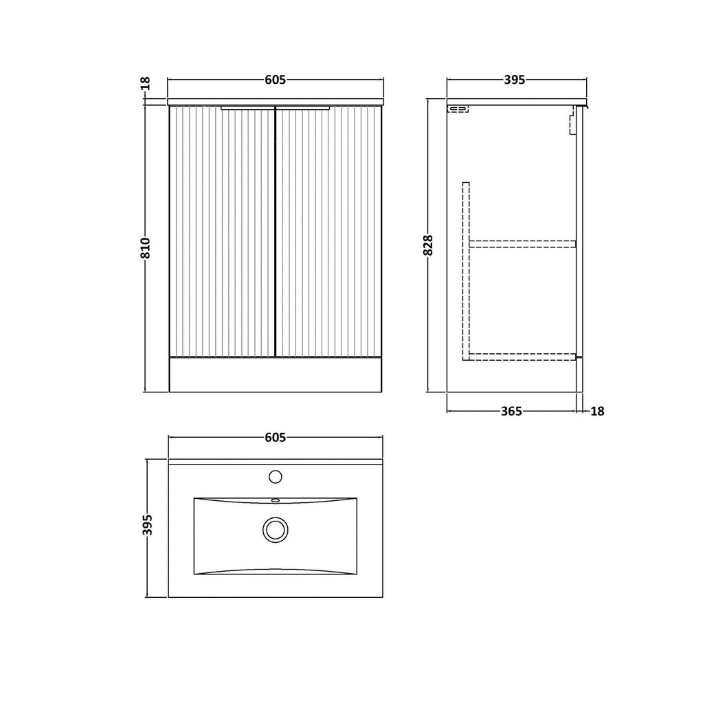Hudson Reed Fluted 600mm Floor Standing 2 Door Vanity & Basin 2 Contemp Soft Black MFC Painted Gloss 828x600x390mm - JJ Building Materials