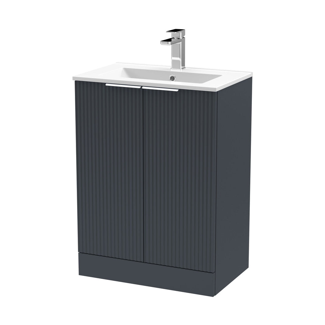 Hudson Reed Fluted 600mm Floor Standing 2 Door Vanity & Basin 2 Contemp Soft Black MFC Painted Gloss 828x600x390mm - JJ Building Materials