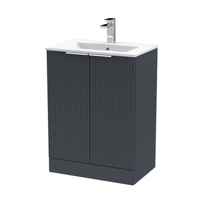 Hudson Reed Fluted 600mm Floor Standing 2 Door Vanity & Basin 2 Contemp Soft Black MFC Painted Gloss 828x600x390mm - JJ Building Materials