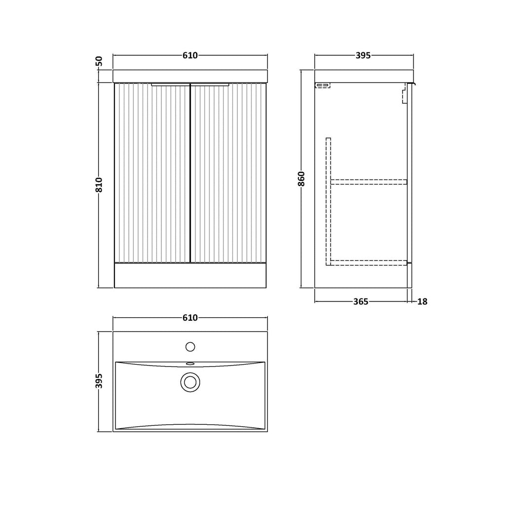 Hudson Reed Fluted 600mm Floor Standing 2 Door Vanity & Basin 3 Contemp Satin Blue MFC Painted Gloss 860x610x395mm - JJ Building Materials
