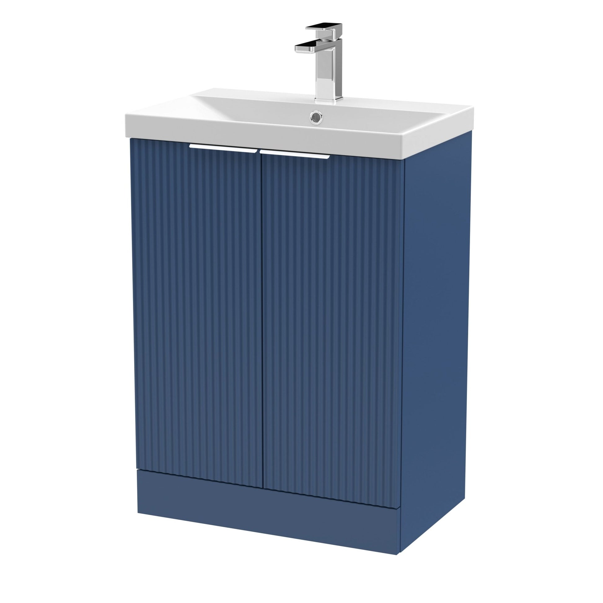 Hudson Reed Fluted 600mm Floor Standing 2 Door Vanity & Basin 3 Contemp Satin Blue MFC Painted Gloss 860x610x395mm - JJ Building Materials