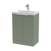 Hudson Reed Fluted 600mm Floor Standing 2 Door Vanity & Basin 3 Contemp Satin Green MFC Painted Gloss 860x610x395mm - JJ Building Materials