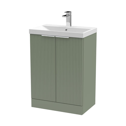 Hudson Reed Fluted 600mm Floor Standing 2 Door Vanity & Basin 3 Contemp Satin Green MFC Painted Gloss 860x610x395mm - JJ Building Materials