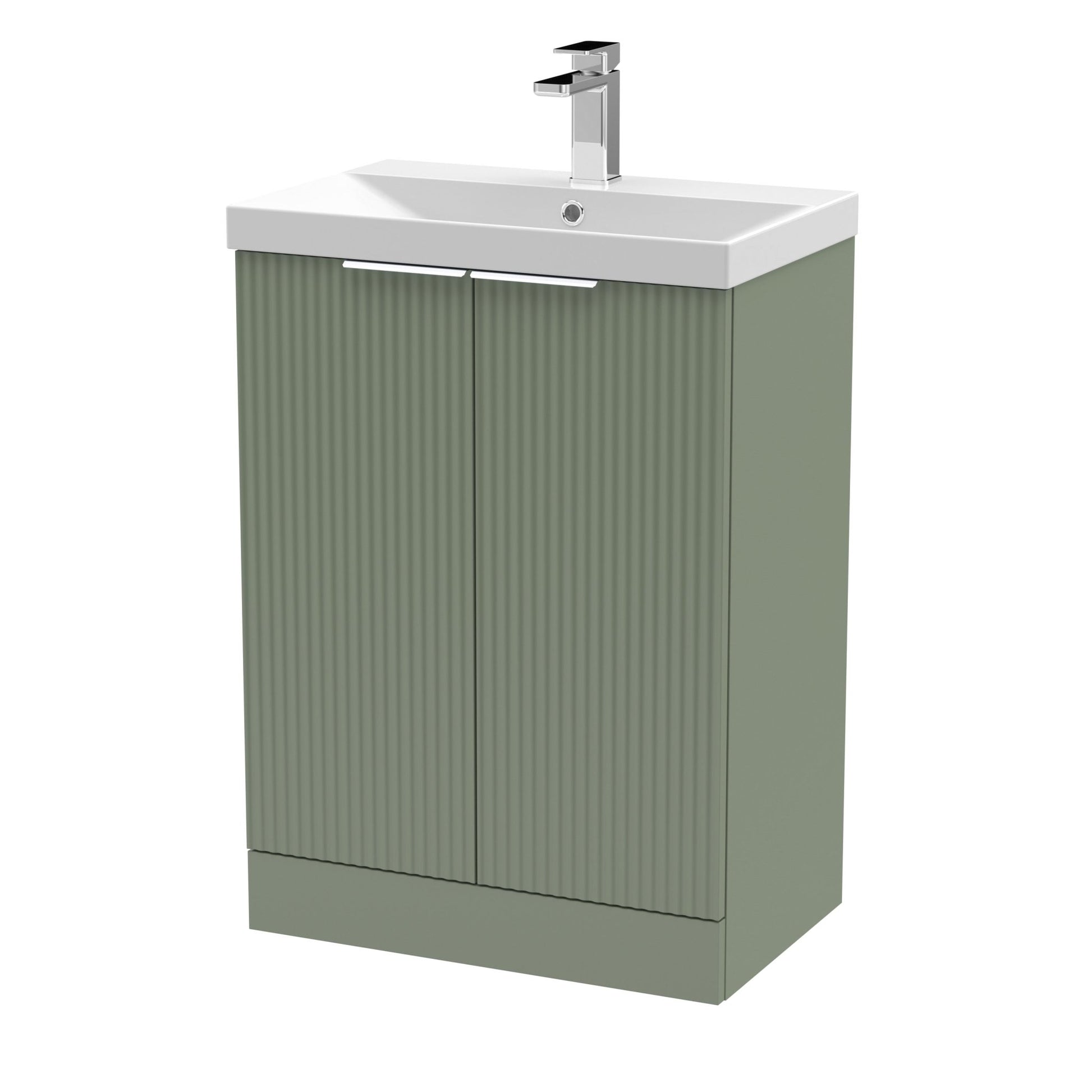 Hudson Reed Fluted 600mm Floor Standing 2 Door Vanity & Basin 3 Contemp Satin Green MFC Painted Gloss 860x610x395mm - JJ Building Materials