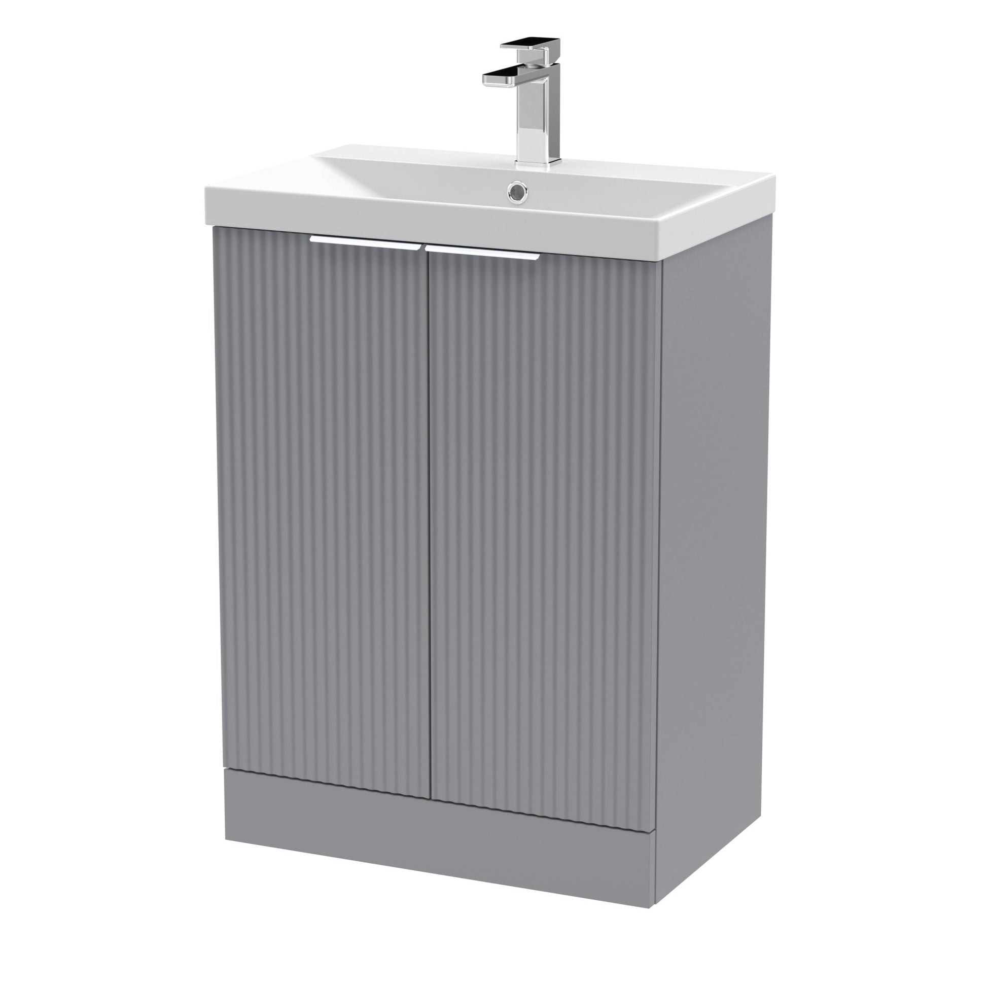 Hudson Reed Fluted 600mm Floor Standing 2 Door Vanity & Basin 3 Contemp Satin Grey MFC Painted Gloss 860x610x395mm - JJ Building Materials