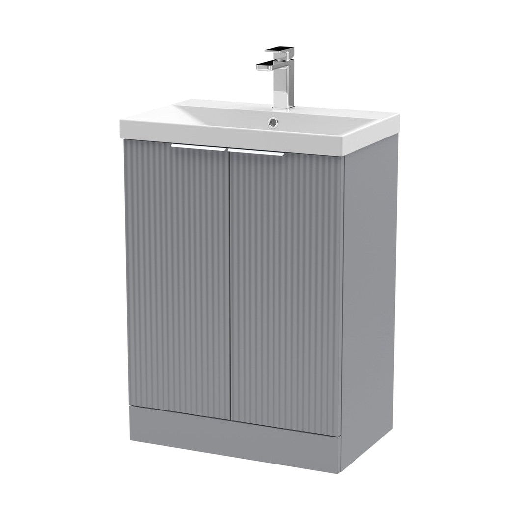 Hudson Reed Fluted 600mm Floor Standing 2 Door Vanity & Basin 3 Contemp Satin Grey MFC Painted Gloss 860x610x395mm - JJ Building Materials