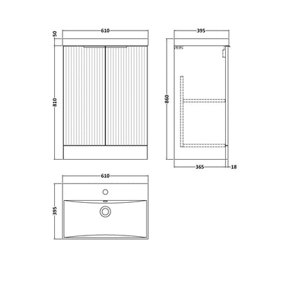 Hudson Reed Fluted 600mm Floor Standing 2 Door Vanity & Basin 3 Contemp Satin White MFC Painted Gloss 860x610x395mm - JJ Building Materials