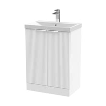 Hudson Reed Fluted 600mm Floor Standing 2 Door Vanity & Basin 3 Contemp Satin White MFC Painted Gloss 860x610x395mm - JJ Building Materials