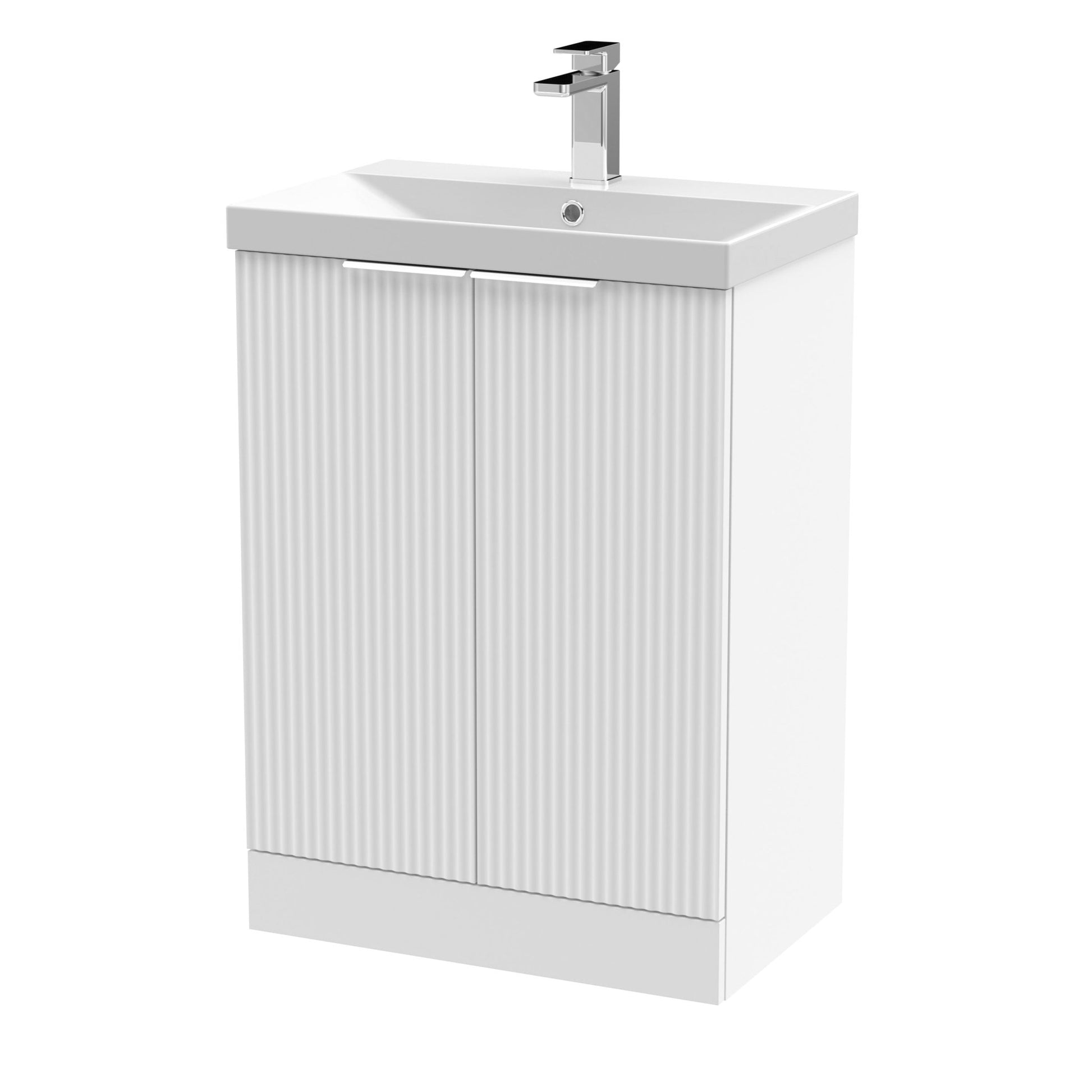 Hudson Reed Fluted 600mm Floor Standing 2 Door Vanity & Basin 3 Contemp Satin White MFC Painted Gloss 860x610x395mm - JJ Building Materials