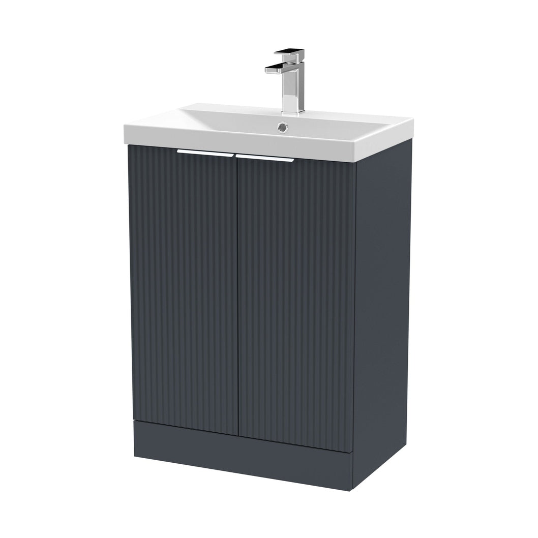 Hudson Reed Fluted 600mm Floor Standing 2 Door Vanity & Basin 3 Contemp Soft Black MFC Painted Gloss 860x610x395mm - JJ Building Materials