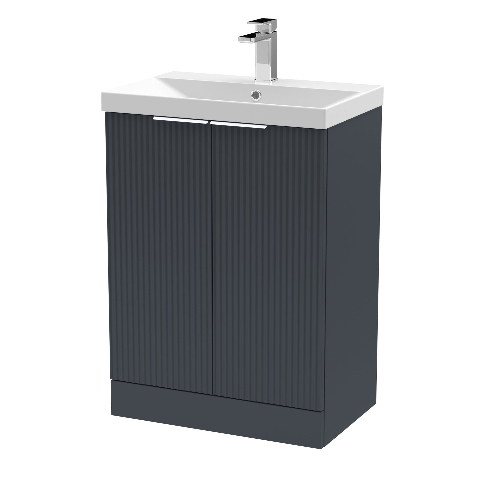Hudson Reed Fluted 600mm Floor Standing 2 Door Vanity & Basin 3 Contemp Soft Black MFC Painted Gloss 860x610x395mm - JJ Building Materials
