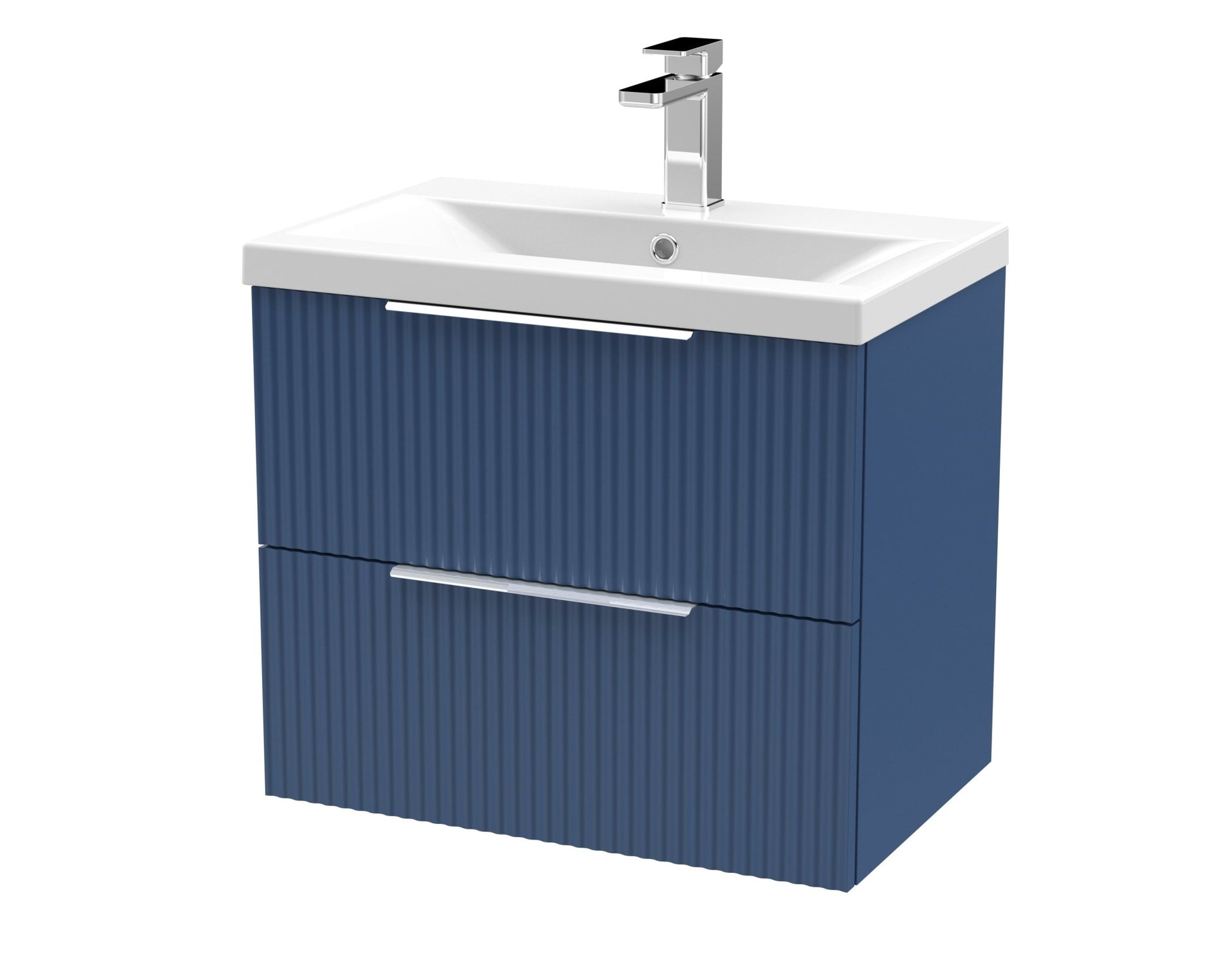 Hudson Reed Fluted 600mm Wall Hung 2 Drawer Vanity & Basin 1 Contemp Satin Blue MFC Painted Gloss 540x610x390mm - JJ Building Materials