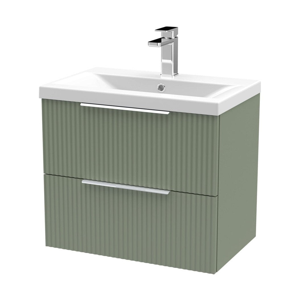 Hudson Reed Fluted 600mm Wall Hung 2 Drawer Vanity & Basin 1 Contemp Satin Green MFC Painted Gloss 540x610x390mm - JJ Building Materials