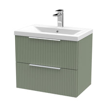 Hudson Reed Fluted 600mm Wall Hung 2 Drawer Vanity & Basin 1 Contemp Satin Green MFC Painted Gloss 540x610x390mm - JJ Building Materials