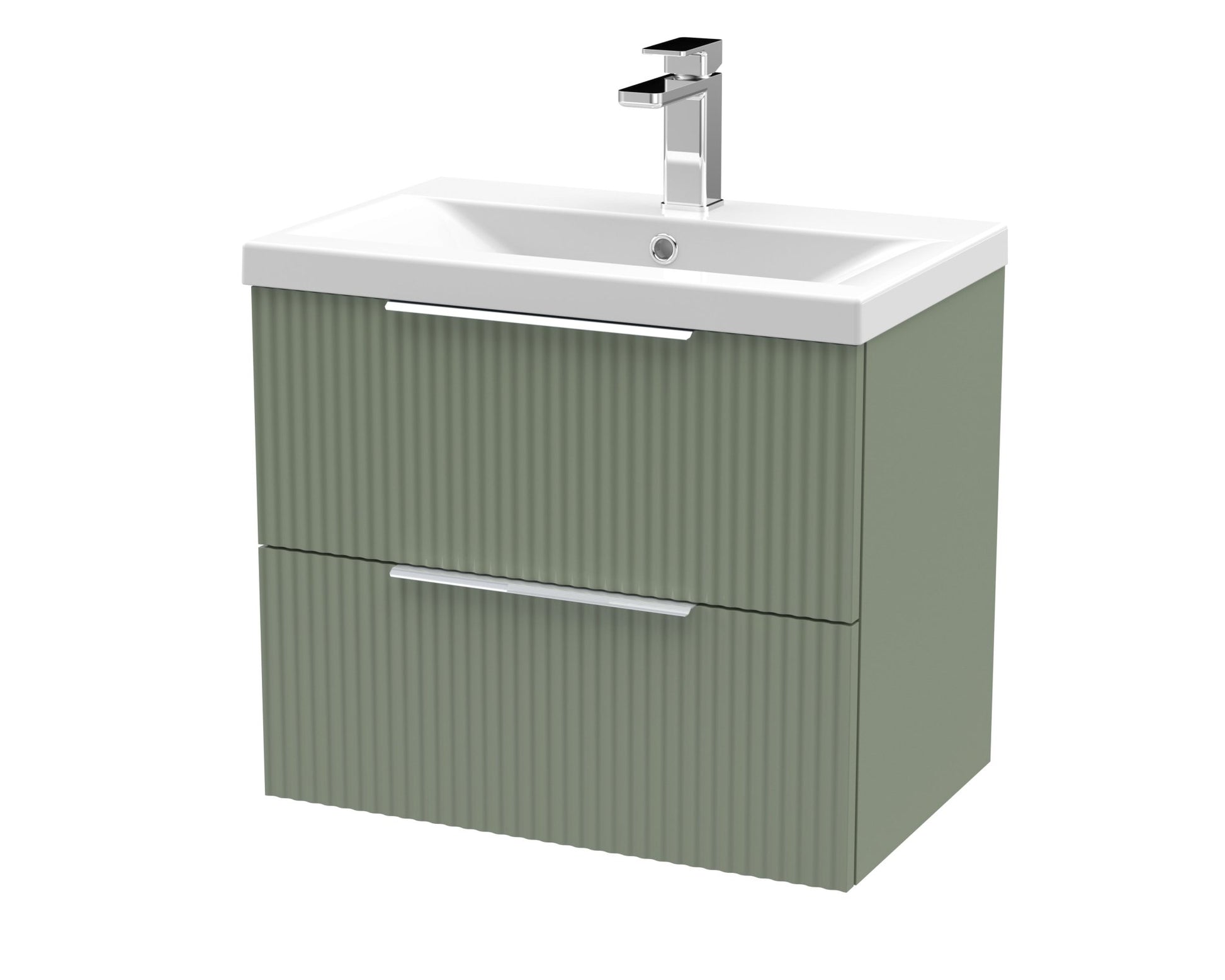 Hudson Reed Fluted 600mm Wall Hung 2 Drawer Vanity & Basin 1 Contemp Satin Green MFC Painted Gloss 540x610x390mm - JJ Building Materials