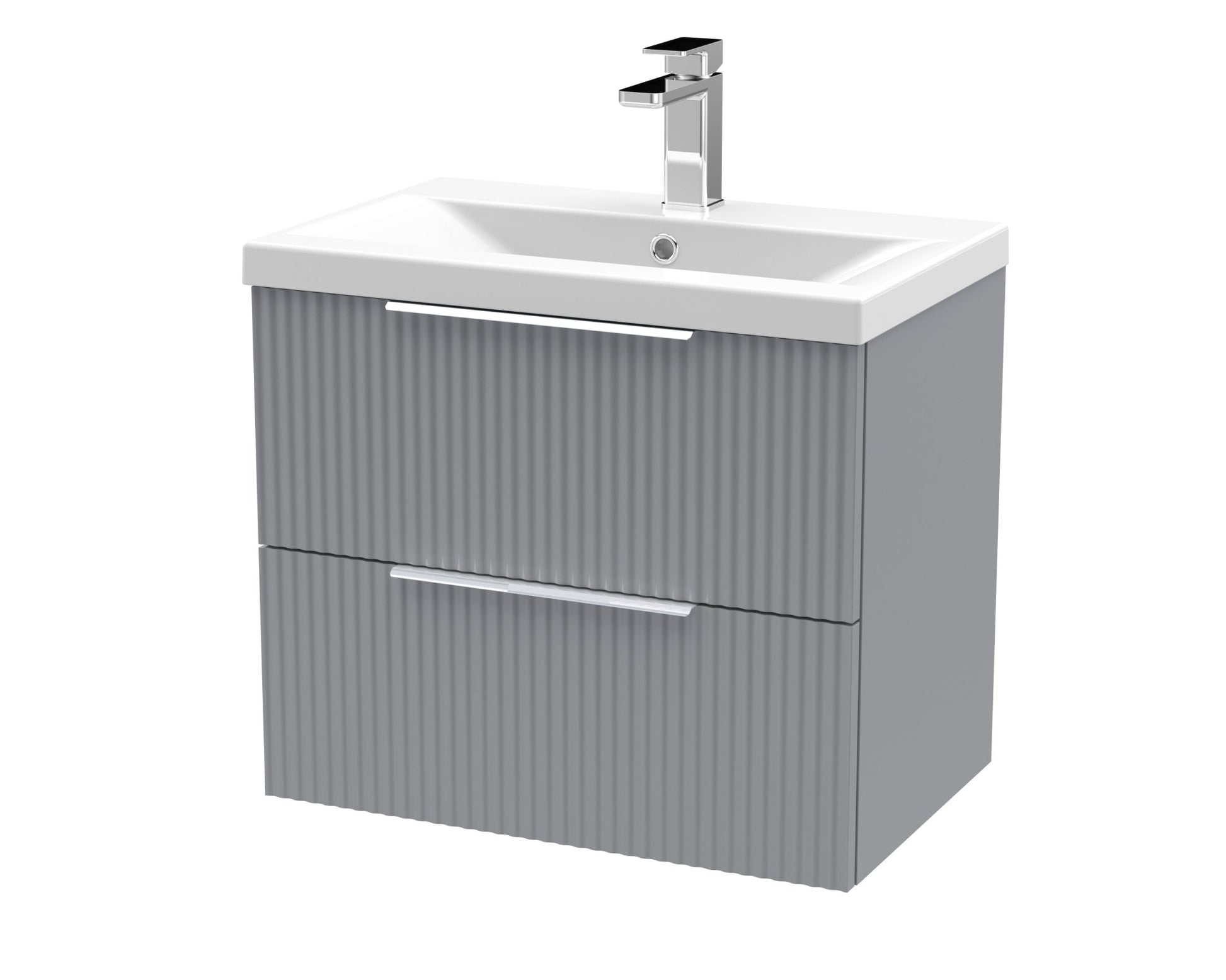 Hudson Reed Fluted 600mm Wall Hung 2 Drawer Vanity & Basin 1 Contemp Satin Grey MFC Painted Gloss 540x610x390mm - JJ Building Materials