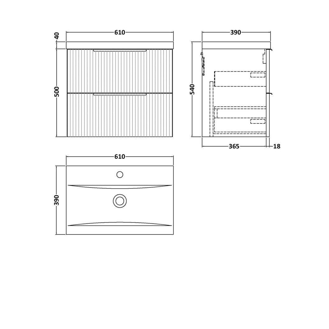 Hudson Reed Fluted 600mm Wall Hung 2 Drawer Vanity & Basin 1 Contemp Satin Grey MFC Painted Gloss 540x610x390mm - JJ Building Materials
