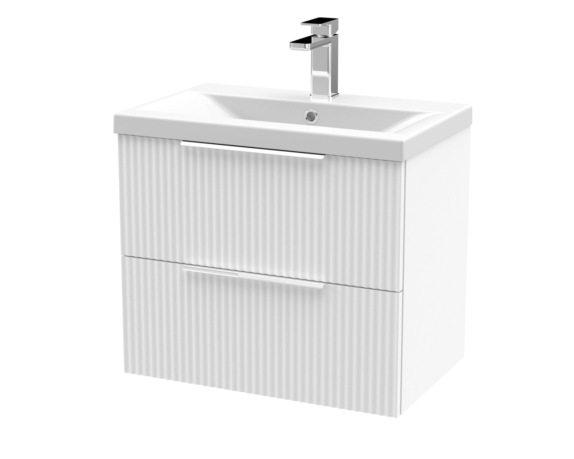 Hudson Reed Fluted 600mm Wall Hung 2 Drawer Vanity & Basin 1 Contemp Satin White MFC Painted Gloss 540x610x390mm - JJ Building Materials